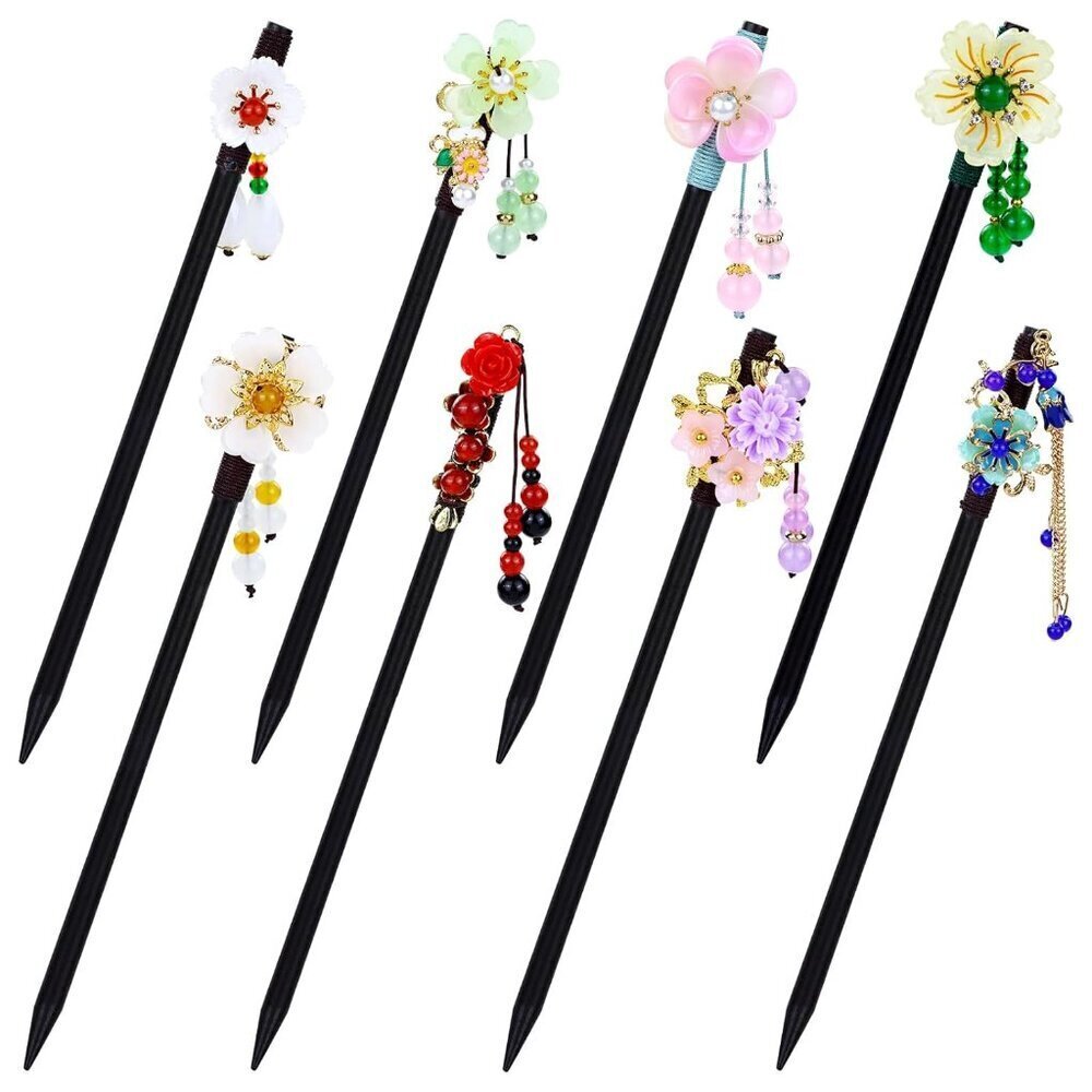 Vintage Wooden Hair Sticks 8pcs Asian Flower Bead Pendants for Women Girls